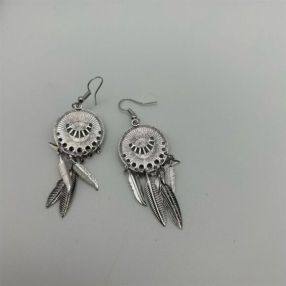 Bohemian Faux Turquoise Beaded Dream Catcher Feather Dangle Earrings Silver Tone - Picture 5 of 6